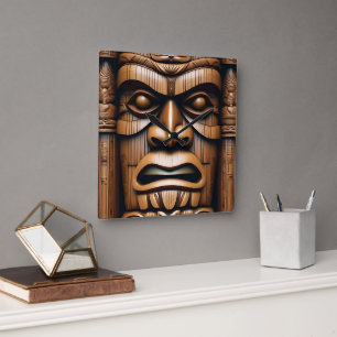 Wood Grain New Zealand Tiki,  Square Wall Clock