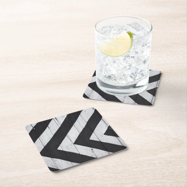 Wood Grain Painted Black and White Pattern Square Paper Coaster (Insitu)