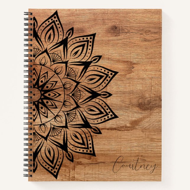 Wood Grain Personalised Mandala Spiral Notebook (Front)