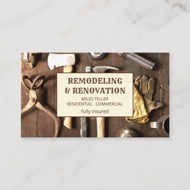 Wood Grain Renovation Remodeling Tools Business Card (Front)