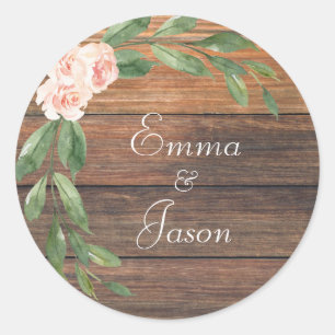 Wood Grain Rustic Floral Name Wedding Seal Sticker