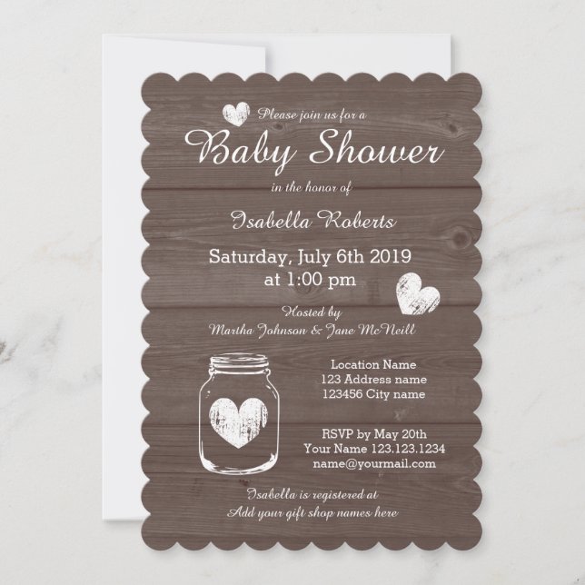 Wood grain rustic mason jar baby shower invitation (Front)