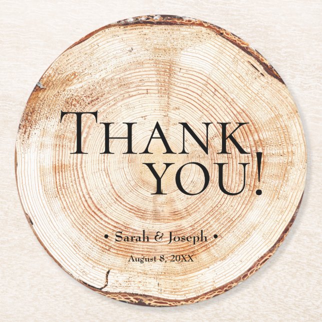 Wood Grain Rustic Thank You Wedding Round Paper Coaster (Front)