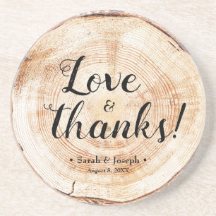 Wood Grain Rustic Wedding Love and Thanks Favor Coaster