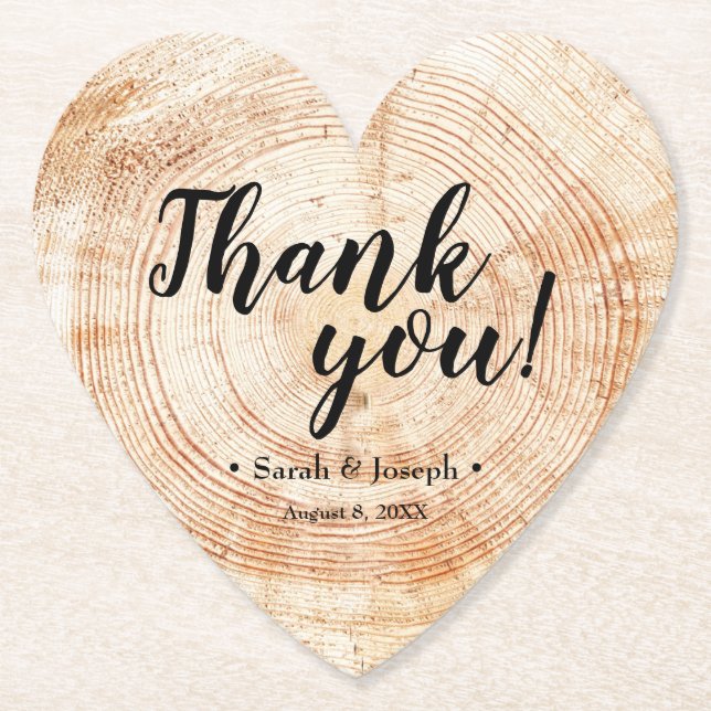 Wood Grain Rustic Wedding Thank You Heart Shaped Paper Coaster (Front)