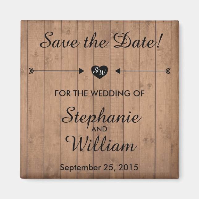 Wood Grain Save the date magnet. Heart and Arrows. Magnet (Front)