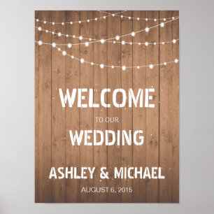 Wood Grain string lights Welcome wedding sign