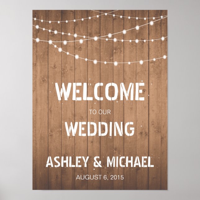 Wood Grain string lights Welcome wedding sign (Front)