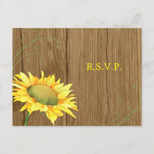 Wood Grain Sunflower Wedding RSVP Invitation Postcard