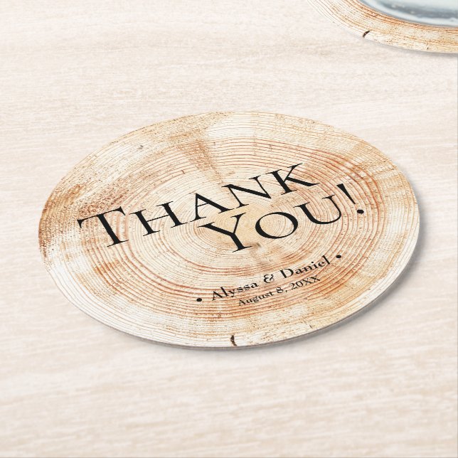 Wood Grain Thank You Rustic Wedding Favour Round Paper Coaster (Angled)
