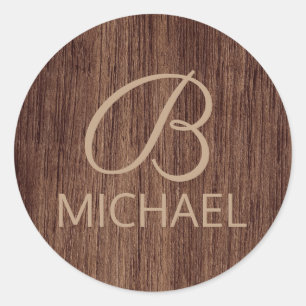 Wood Grain Timber With Monogram Personalised Name Classic Round Sticker