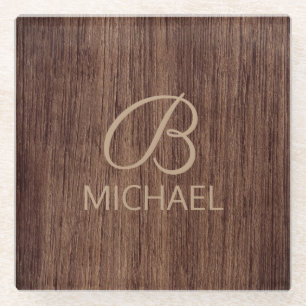 Wood Grain Timber With Monogram Personalised Name Glass Coaster