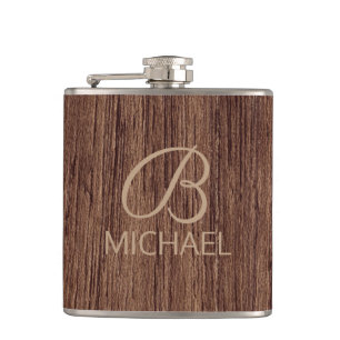 Wood Grain Timber With Monogram Personalised Name Hip Flask