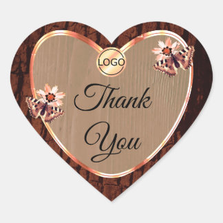 Wood Grain Tree Bark and Butterfies Thank You Logo Heart Sticker