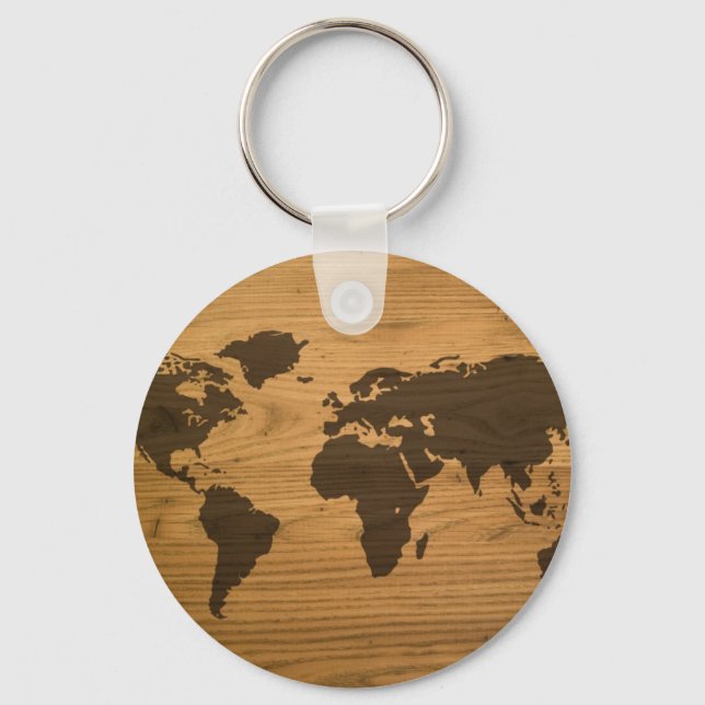 Wood Grain World Map Key Ring (Front)