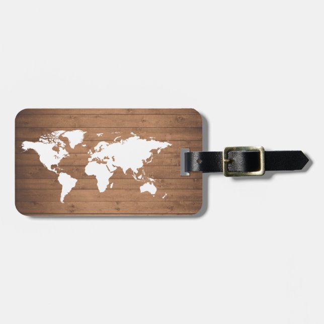 Wood grain World map rustic Luggage Tag (Front Horizontal)
