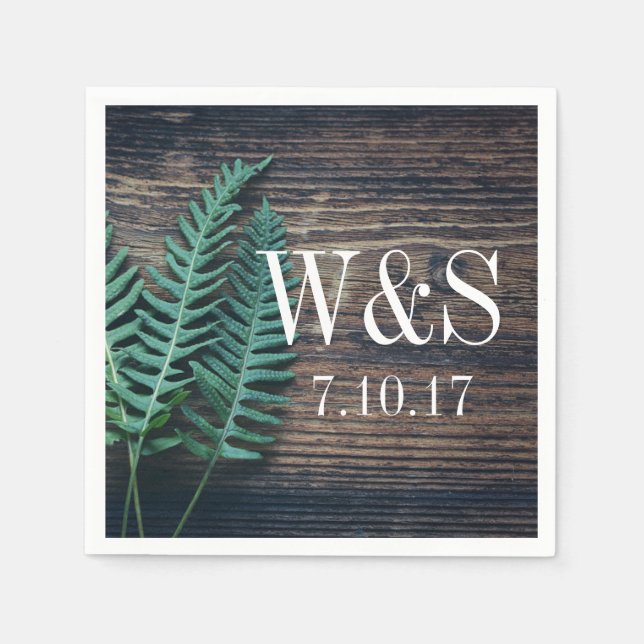 Wood & Greenery Ferns Couple's Initials Wedding Napkin (Front)