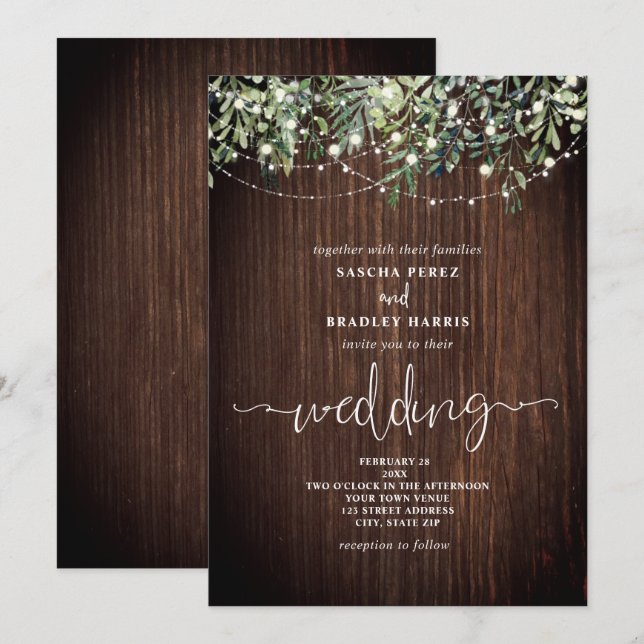 Wood Greenery String Lights Wedding Invitation (Front/Back)