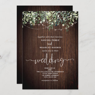 Wood Greenery String Lights Wedding Invitation