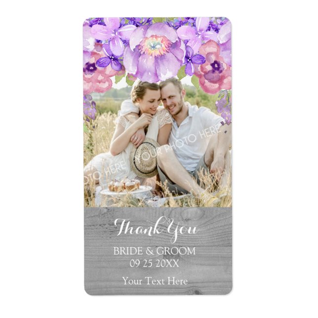 Wood Grey Lilac Purple Floral Photo Wedding Label (Front)