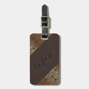 Wood Grey Look Golden Floral Swirls 2 Luggage Tag