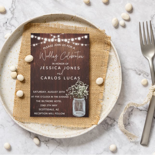 Wood Gypsophila Baby's Breath Mason Jar Lights  Invitation (Creator Uploaded)