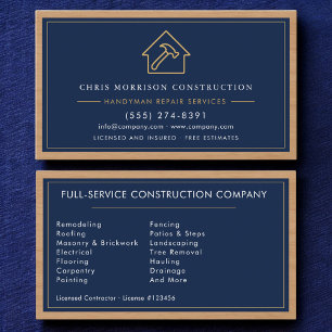 Wood Handyman Construction Navy Blue Gold Business Card