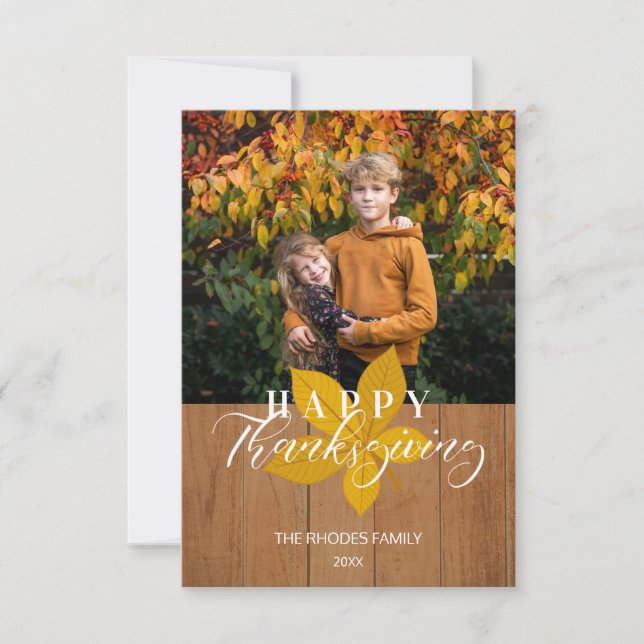 Wood Happy Thanksgiving Script Leaves Photo (Front)