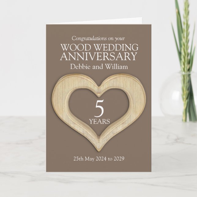 Wood heart 5th wedding anniversary names card (Front)