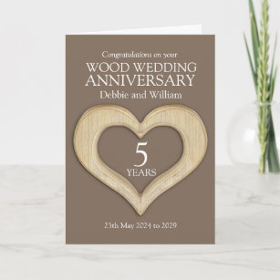 Wood heart 5th wedding anniversary names card