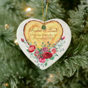 Wood heart and roses Country Love Ceramic Tree Decoration