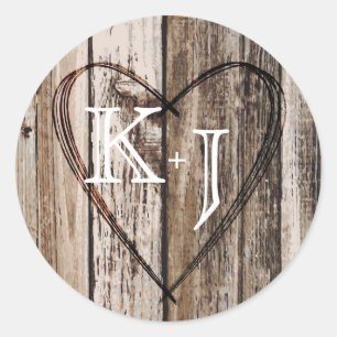 Wood Heart Etching Rustic Monogram Wedding Label