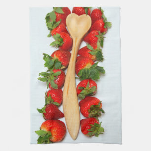 Wood heart Spoon surrounded by Strawberries Towel