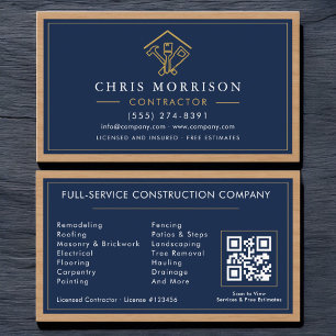 Wood Home Improvement Contractor Navy Blue Gold Business Card