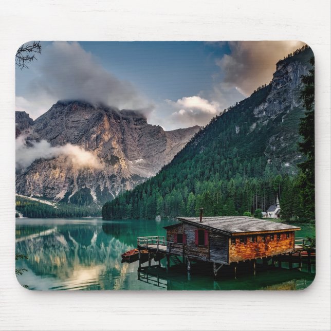 Wood House in Middle of Lake Overlooking Mountains Mouse Mat (Front)