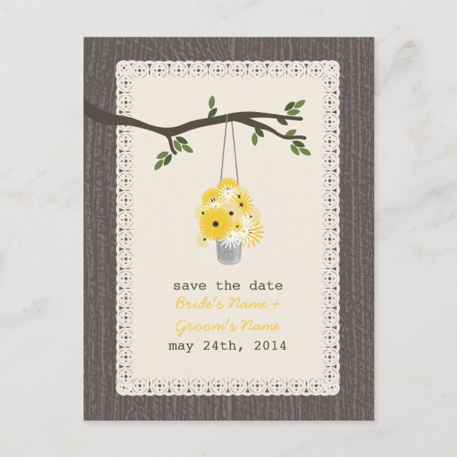 Wood Inspired Can Of Wildflowers Save The Date Announcement Postcard (Front)