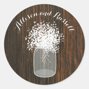 Wood Inspired Mason Jar Baby's Breath Wedding Classic Round Sticker