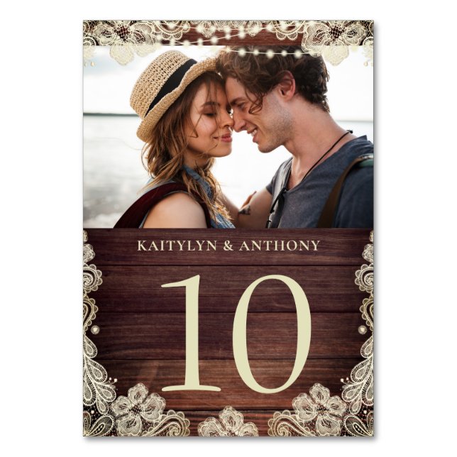 Wood Ivory Lace Photo Wedding Table Number Sign (Front)