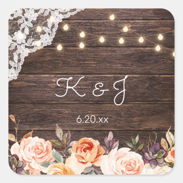 Wood Jean Lace, Blush & Peach Floral Monogram Square Sticker (Front)