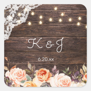 Wood Jean Lace, Blush & Peach Floral Monogram Square Sticker