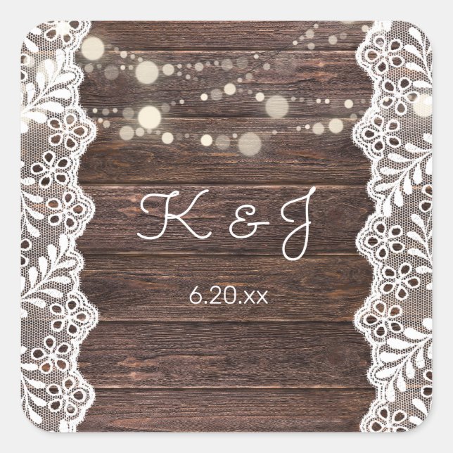 Wood Jean Lace & String Lights Monogram Square Sticker (Front)