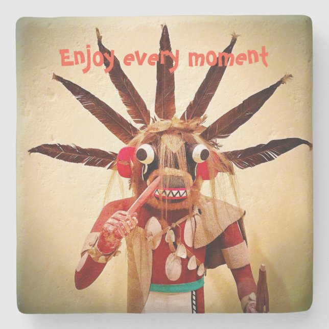 Wood Kachina Doll Funny Face Enjoy Every Moment Stone Coaster (Front)