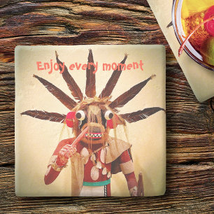 Wood Kachina Doll Funny Face Enjoy Every Moment Stone Coaster