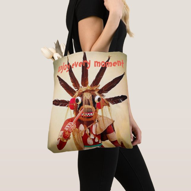 Wood Kachina Doll Funny Face Enjoy Every Moment Tote Bag (Close Up)