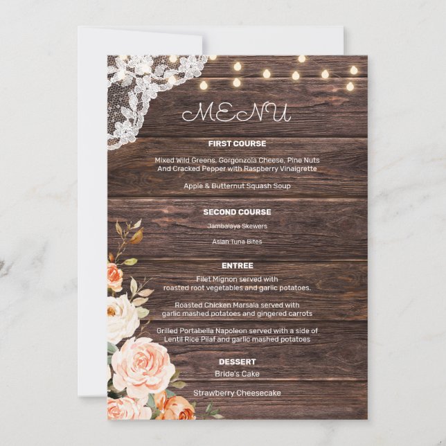 Wood Lace Blush & Peach Floral Entree Menu Invitation (Front)