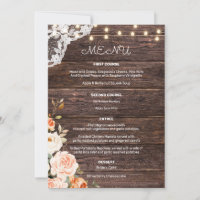 Wood Lace Blush & Peach Floral Entree Menu