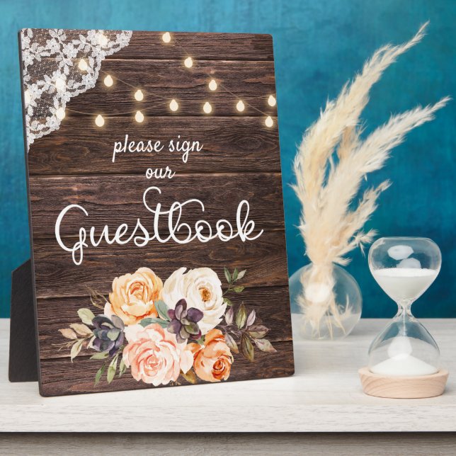 Wood Lace Blush Peach Floral Guestbook Sign Easel Plaque (Side)
