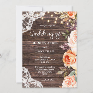 Wood Lace Blush & Peach Floral w/ Lights Invitation