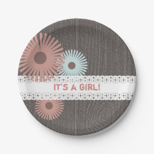 Wood + Lace Inspired Floral Baby Shower Paper Plate