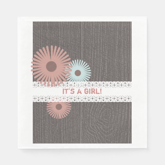 Wood + Lace Inspired Floral Girl Baby Shower Napkin (Front)